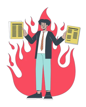 Busy Workaholic Hispanic Man Holding Paperwork 2 D Linear Cartoon Character Latino Eyeglasses Employee Isolated Line Vector Person White Background Burning Deadline Color Flat Spot Illustration Illustration
