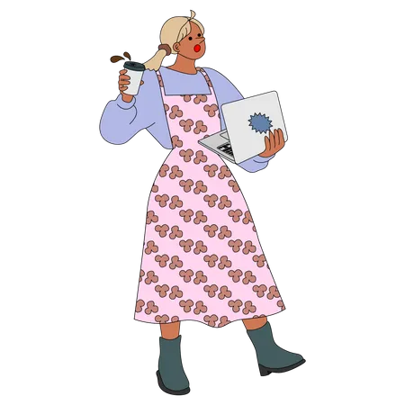 Busy working woman holding laptop  Illustration