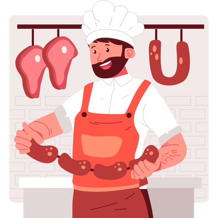 Butcher carrying meat sausages  Illustration