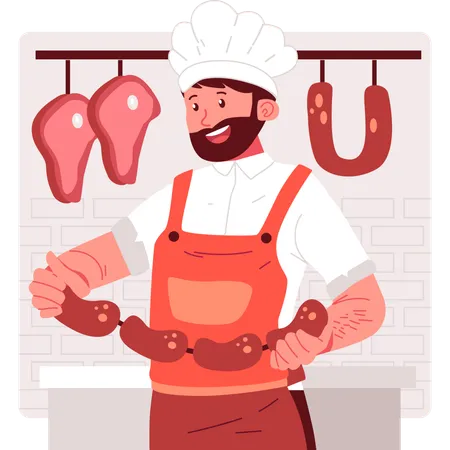 Butcher carrying meat sausages  Illustration