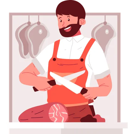 Butcher cutting meat using knife  Illustration
