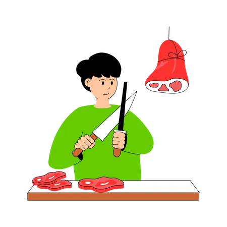 Butcher cutting meat using knife  Illustration