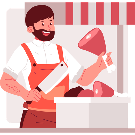 Butcher cutting meat using knife  Illustration