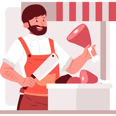 Butcher cutting meat using knife  Illustration