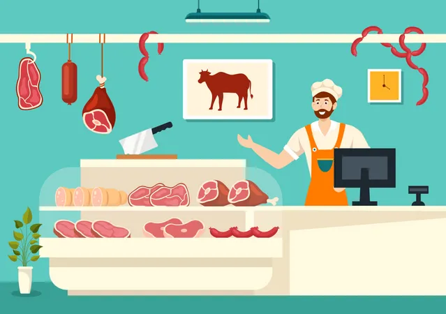 Butcher man at butcher shop  Illustration