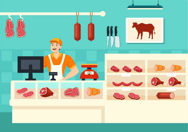 Butcher man making bill at meat shop  Illustration