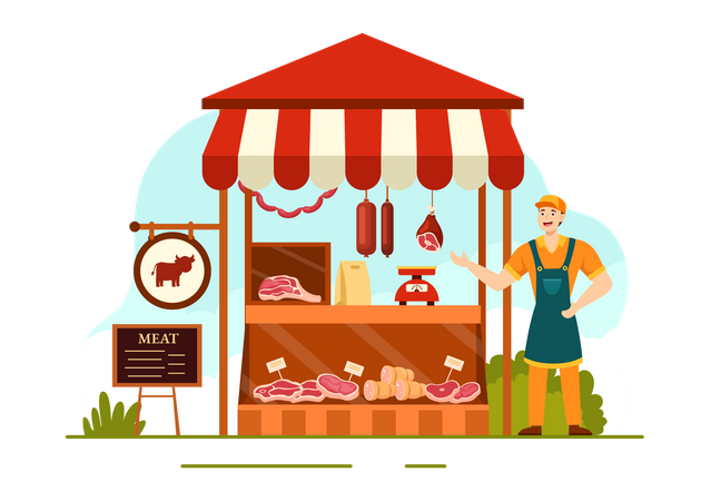 Butcher man showing meat shop  Illustration