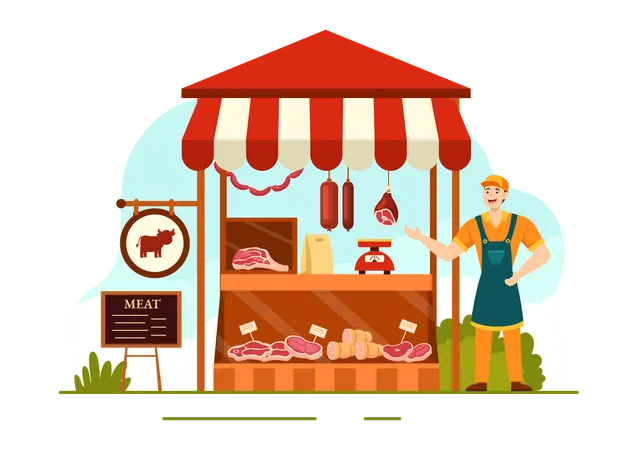 Butcher man showing meat shop  Illustration