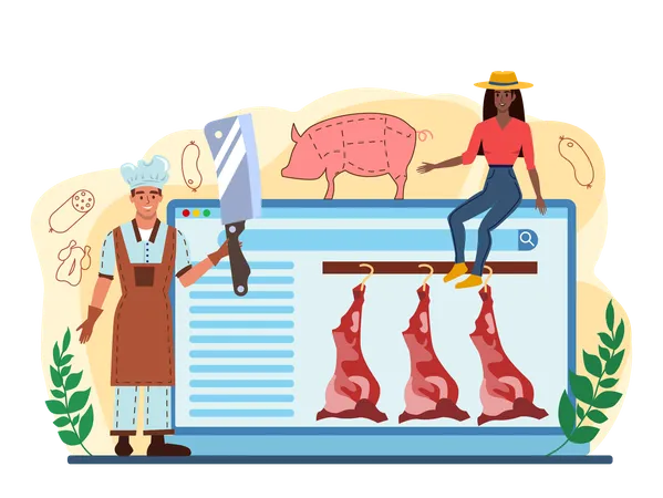 Butcher Or Meatman Online Service Or Platform Fresh Meat And Semi Finished Products With Ham And Sausages Beef And Pork Production Website Flat Vector Illustration Illustration