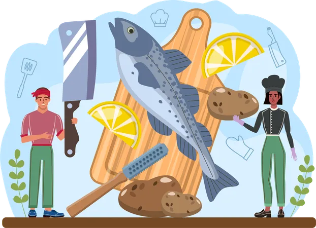 Butcher preparing fish item  Illustration