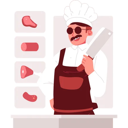 Butcher standing with butcher knife  Illustration