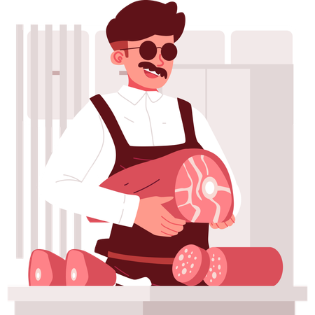Butcher standing with meat piece in hand  Illustration