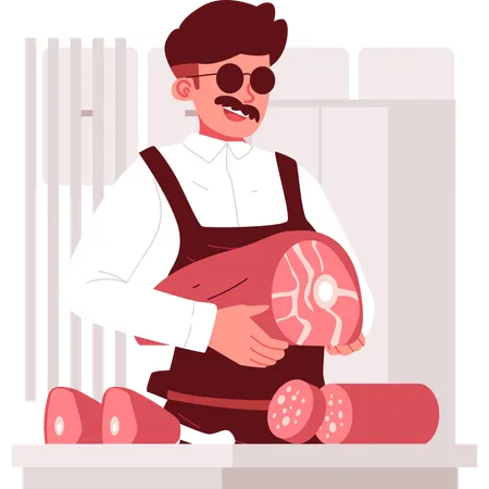 Butcher standing with meat piece in hand  Illustration