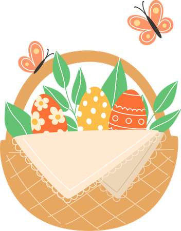 Butterflies And Painted Eggs In A Wicker Basket For Holiday  Illustration