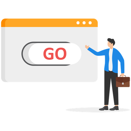 브라우저 창에 'Go'라는 문구가 적힌 버튼이 있고, 정장을 입은 남자가 손으로 버튼을 잡습니다.  일러스트레이션