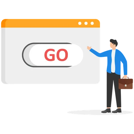 ブラウザウィンドウに「Go」と書かれたボタンがあり、スーツを着た男性がそのボタンに手を伸ばす  イラスト