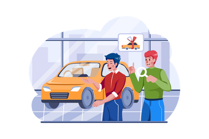 Buyer choosing automobile in store Illustration