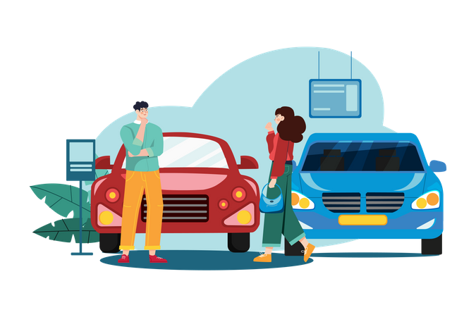 Buyer choosing automobile in store  Illustration