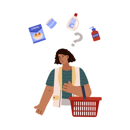 Buyer in grocery shop upset with food prices  Illustration