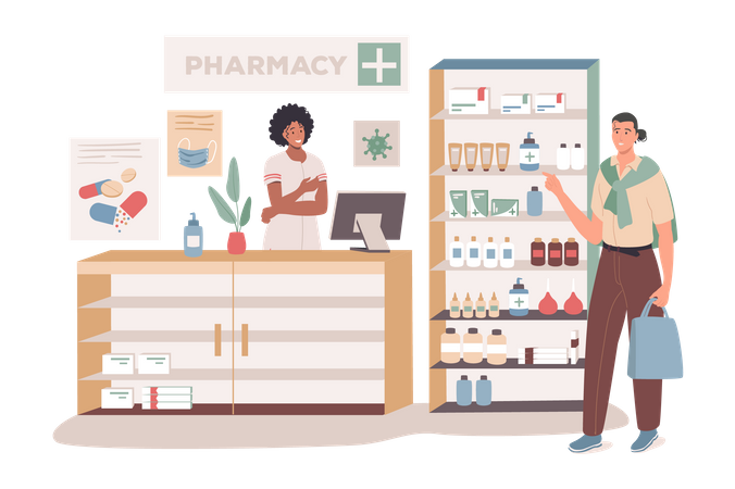 Buyer standing in pharmacy Illustration