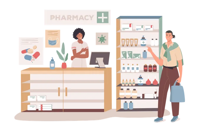 Buyer standing in pharmacy  Illustration