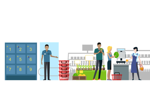 Buyers and store employees in grocery store  Illustration