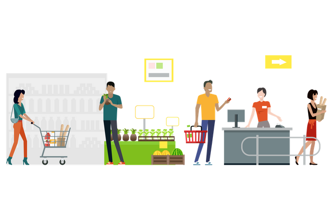 Buyers and store employees in grocery store  Illustration