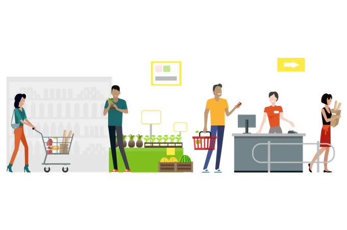 Buyers and store employees in grocery store  Illustration