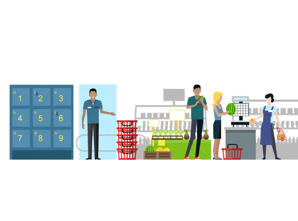Shopping In Supermarket Vector Flat Style Design Buyers And Store Employees In Grocery Store Interior Guard At The Exit Near Lockers Customers With Fruits Seller In Apron Working On Scales Illustration