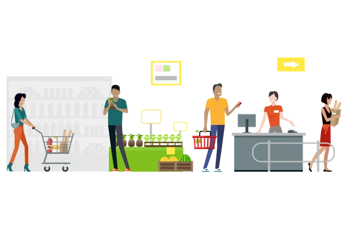 Shopping In Supermarket Vector Flat Style Design Buyers And Store Employees In Grocery Store Interior Cashier Serves Buyers On Counter Desk Equipment Fast And Comfortable Purchases Illustrating 일러스트레이션