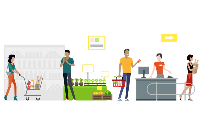 Buyers and store employees in grocery store  Illustration
