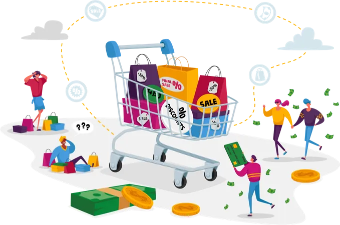 Buyers Characters At Seasonal Sale Or Discount Cheerful Tiny Shopaholic People Around Huge Trolley With Purchases And Gifts Happy Men Women With Packages Shopping Fun Cartoon Vector Illustration Illustration