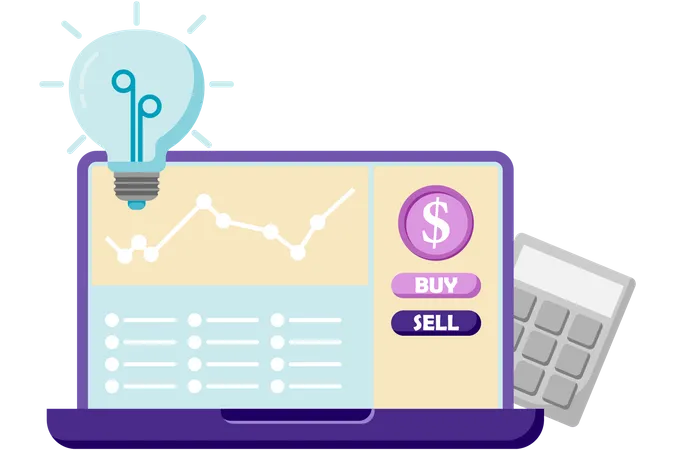Buying and selling stocks on laptop  Illustration
