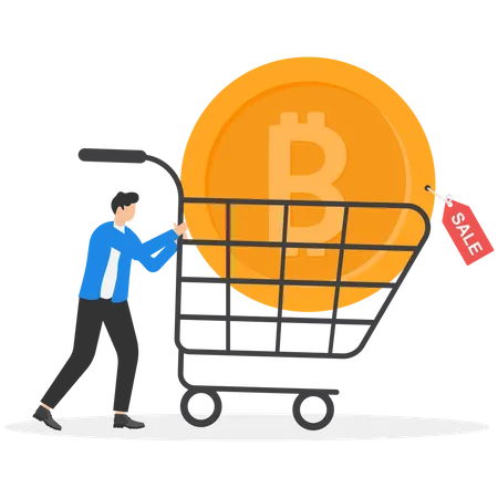Buying Bitcoin On Sale When Cryptocurrency Price Crash To Make Profit Concept Smart Man Buying Or Purchasing Crypto Currency Bitcoin In Shopping Cart Trolley To Speculate Earning In The Future Illustration