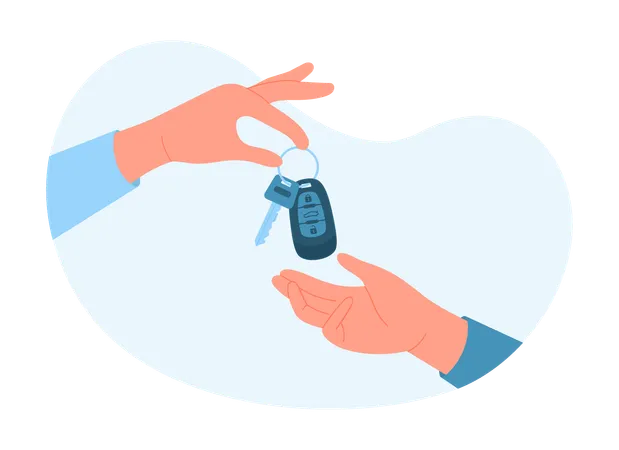 Buying Renting Or Parking Car Carsharing Service Vector Illustration Cartoon Hand Of Agent Salesman Or Owner Holding Automatic Remote Auto Key To Give Customer Sale Or Purchase Deal Of Automobile 일러스트레이션