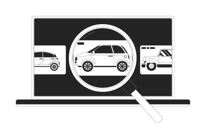 Buying Car Online Black And White 2 D Illustration Concept Choosing Auto On Dealer Website Cartoon Outline Objects Isolated On White Service For Vehicle Selling Metaphor Monochrome Vector Art Illustration