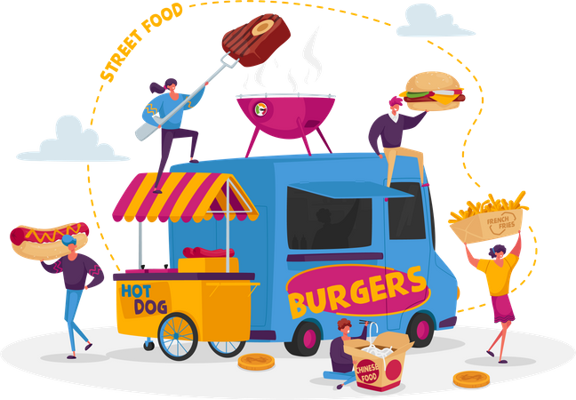 Buying food from street food stalls  Illustration