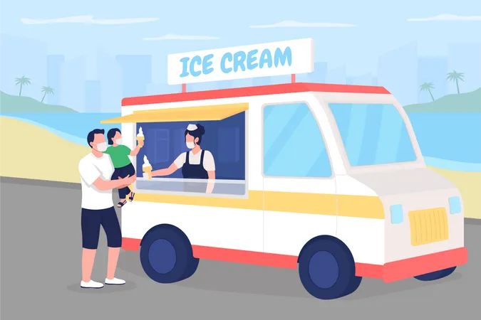 Buying ice cream on beach during pandemic  Illustration