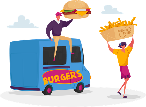Buying junk-food from street food truck  Illustration