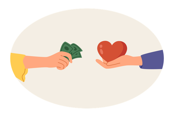 Buying love and relationships with money with hands of people with hearts and cash  Illustration