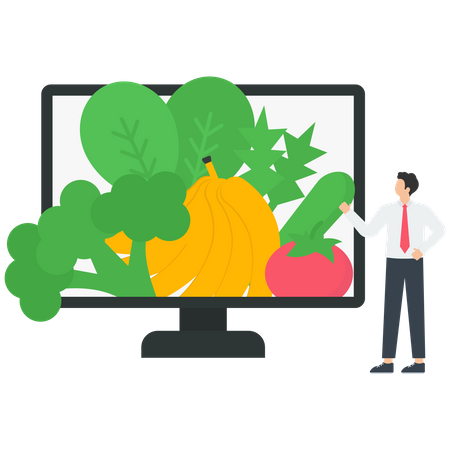 Buying online fresh organic vegetables and grocery items  Illustration