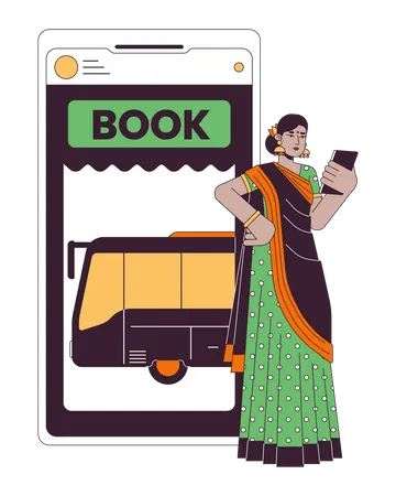 Buying Ticket On Bus Online Flat Line Concept Vector Spot Illustration Woman In Sari Using Smartphone 2 D Cartoon Outline Character On White For Web UI Design Editable Isolated Color Hero Image Illustration