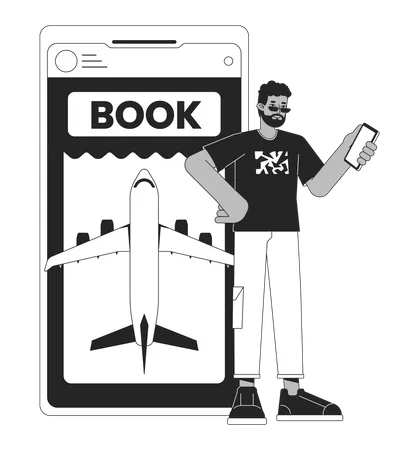 Buying Tickets On Plane Online By Smartphone Bw Concept Vector Spot Illustration Man Planning Trip 2 D Cartoon Flat Line Monochromatic Character For Web UI Design Editable Isolated Outline Hero Image Illustration