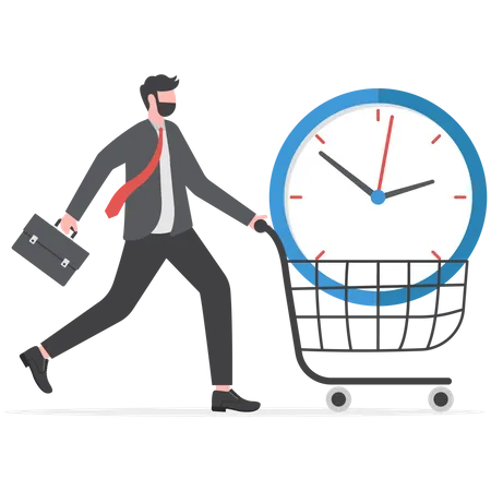 Buying Time To Delay Or Gain More Time To Do Something Time Is Money Young Adult Businessman Buying Time With Big Alarm Clock In Shopping Cart Trolley Illustration