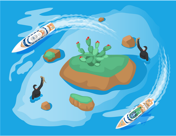 Buzo en agua explora el océano cerca de una isla tropical  Ilustración