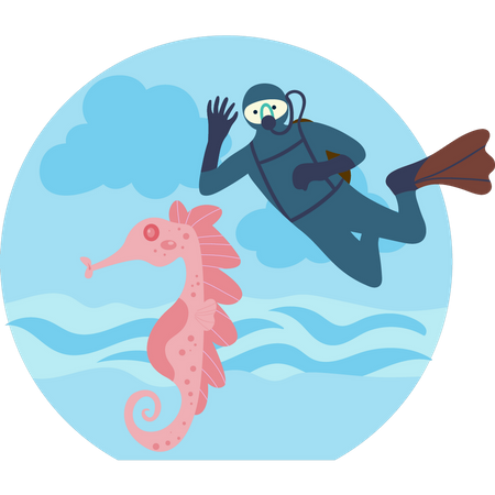 Buzo mirando el hipocampo en el océano  Ilustración