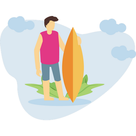 By standing with a surf board  Illustration