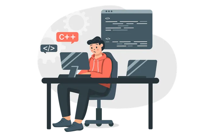Programador C codificando en computadora  Ilustración