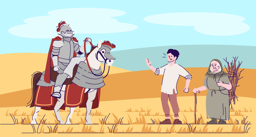 Caballero medieval a caballo con agricultores  Ilustración
