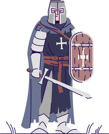 Caballero medieval con espada y escudo.  Ilustración